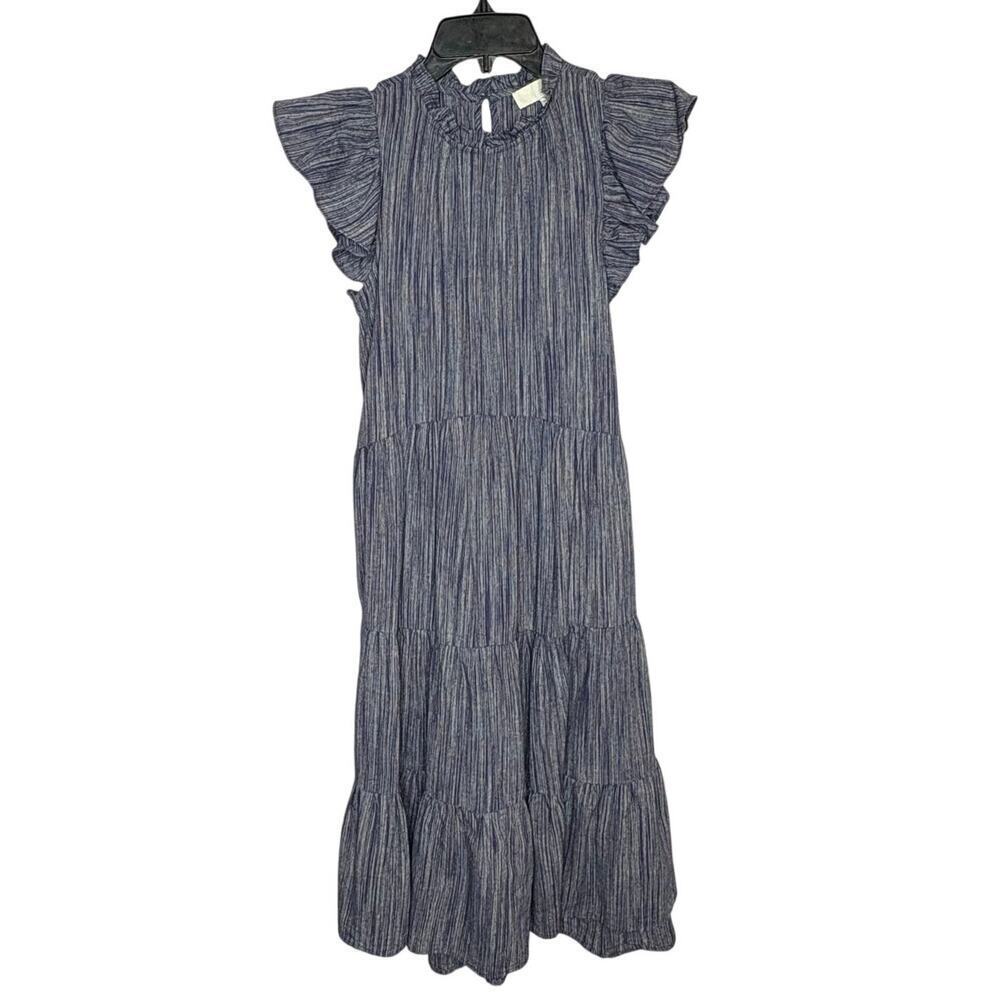 Pinch Cotton Linen Blend Tiered Blue Ruffle Midi Dress Sz s Prairie
